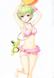 Rule 34 | 1girl, :d, absurdres, arms up, ball, barefoot, beachball, bikini, breasts, choker, cleavage, collarbone, copyright name, green hair, hair between eyes, hair ornament, highres, holding, holding ball, humuyun, jewelry, looking at viewer, medium breasts, navel, necklace, nomura miki, official art, open mouth, page number, pink bikini, pink choker, polka dot, polka dot bikini, red eyes, short hair, sideboob, simple background, smile, solo, standing, standing on one leg, summer pockets, swimsuit, thigh gap, thigh strap, water gun, white background