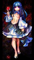 Rule 34 | 1girl, absurdres, alcohol, black dress, blue bow, blue hair, blunt bangs, bow, bowtie, breasts, breasts out, cat tail, commission, cup, dark background, dark blue hair, dress, drinking glass, dripping, empty eyes, exhibitionism, expressionless, frederica bernkastel, frilled dress, frilled skirt, frilled sleeves, frills, goth fashion, gothic lolita, highres, holding, holding cup, knees, lolita fashion, long hair, looking at viewer, medium breasts, midriff, navel, nipples, overflowing, public indecency, purple eyes, revealing clothes, senmu (0107), shoes, skeb commission, skirt, solo, standing, tail, tail ornament, umineko no naku koro ni, walking, wine, wine glass