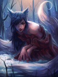 Rule 34 | 1girl, absurdres, ahri (league of legends), animal ears, artist name, bare shoulders, black hair, facial mark, fingernails, fox ears, fox girl, fox tail, highres, league of legends, long hair, looking at viewer, nail polish, outdoors, red lips, red nails, seraya x, sharp fingernails, shiny skin, smile, snow, snowing, solo, tail, tree, whisker markings
