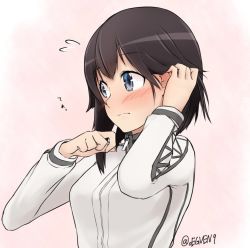 Rule 34 | 1girl, black hair, blue eyes, blush, embarrassed, flying sweatdrops, frown, hair flaps, hand in own hair, hayasui (kancolle), hua jia, jacket, kantai collection, pink background, short hair, simple background, solo, track jacket, twitter username, upper body, white jacket, zipper