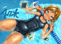 Rule 34 | 1girl, afloat, aqua eyes, blonde hair, blush, breasts, brown hair, chibi, chibi inset, child, commentary request, covered navel, double v, eating, fang, floating, full-face blush, hair ornament, hairclip, highres, imazon, looking at viewer, one-piece swimsuit, open mouth, original, pool, school swimsuit, shiny clothes, shiny skin, short hair, short twintails, small breasts, solo, swimming, swimsuit, tan, tanline, translated, twintails, v, water, wet