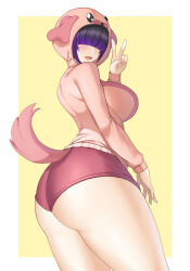 Rule 34 | 1girl, animal hood, aori sora, ass, blunt bangs, border, breasts, commentary, commission, dog hood, dog tail, facing to the side, facing viewer, from side, hair over eyes, hand up, highres, hood, hood up, hoodie, large breasts, long sleeves, open mouth, original, pink hoodie, red shorts, shorts, solo, standing, tail, thighs, v, white border, yellow background