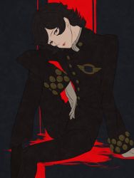 Rule 34 | 1boy, androgynous, arm rest, black eyes, black hair, buttons, flat color, gloves, highres, knee up, lips, looking at viewer, lupin iii, male focus, open mouth, oscar (lupin), sitting, solo, wavy hair