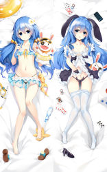 Rule 34 | 1girl, animal ears, bare legs, black panties, blue eyes, blue hair, breasts, card, cellphone, clothes pull, dakimakura (medium), date a live, female masturbation, fingering, hair between eyes, hair ornament, highres, long hair, looking at viewer, lying, masturbation, multiple views, navel, on back, on bed, panties, pantyhose, pantyhose pull, phone, shoes, unworn shoes, small breasts, smartphone, touxing no diluka, underwear, white pantyhose, yoshino (date a live), yoshinon