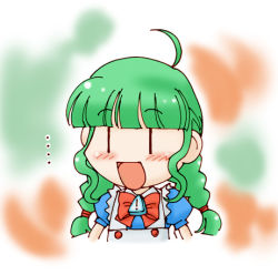 Rule 34 | ..., 1girl, :d, ahoge, apron, blue dress, blush, bow, bowtie, dress, green hair, lowres, me-tan, open mouth, os-tan, puffy short sleeves, puffy sleeves, red bow, short sleeves, sign, smile, solo, upper body, warning sign, | |