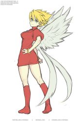 Rule 34 | 1girl, angel wings, ass, blonde hair, boots, bracelet, breasts, breath of fire, breath of fire iii, closed mouth, dress, feathered wings, full body, gofelem, green eyes, hairband, jewelry, knee boots, looking at viewer, nina (breath of fire iii), puffy sleeves, short hair, simple background, smile, solo, white background, white wings, wings