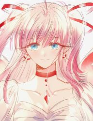 Rule 34 | 1girl, ahma, blue eyes, choker, closed mouth, copyright request, dress, earrings, hair ribbon, highres, jewelry, long hair, looking at viewer, necklace, pink hair, red choker, red ribbon, ribbon, smile, solo, twintails, white dress