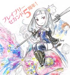 Rule 34 | 1girl, anniversary, black gloves, boots, bravely default (series), bravely second: end layer, character doll, dress, fish, flower, glaive (polearm), gloves, hair flower, hair ornament, high heel boots, high heels, ikusy, long sleeves, magnolia arch, multicolored clothes, multicolored dress, multicolored legwear, official art, polearm, purple dress, red eyes, short dress, sitting, smile, square enix, thick thighs, thighhighs, thighs, weapon, white hair