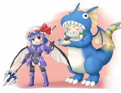 Rule 34 | 00s, 2girls, armor, bat wings, blue hair, braid, dragoon, dragoon (final fantasy), female focus, final fantasy, final fantasy xi, food, hat, izayoi sakuya, multiple girls, nice (artist), polearm, pudding, red eyes, remilia scarlet, short hair, silver hair, spear, the iron of yin and yang, touhou, twin braids, weapon, wings
