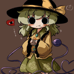 Rule 34 | 1girl, :t, black eyes, black hat, blouse, blush, bow, brown background, buttons, chewing, diamond button, eating, eyeball, feet out of frame, floral print, food, frilled shirt collar, frilled sleeves, frills, green hair, green skirt, hat, hat bow, hat ribbon, heart, heart of string, heripantomorrow, komeiji koishi, long sleeves, medium hair, pout, ribbon, rose print, shirt, sidelocks, simple background, skirt, solo, third eye, touhou, wavy hair, wide sleeves, yellow bow, yellow ribbon, yellow shirt