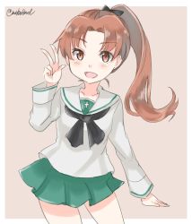 Rule 34 | 1girl, alternate hairstyle, beige background, black bow, black neckerchief, blouse, bow, brown eyes, brown hair, commentary, girls und panzer, green skirt, hair bow, highres, kadotani anzu, leaning to the side, long hair, long sleeves, looking at viewer, miniskirt, neckerchief, one-hour drawing challenge, ooarai school uniform, open mouth, outside border, parted bangs, pleated skirt, ponytail, school uniform, seo kichi, serafuku, shirt, simple background, skirt, smile, solo, standing, twitter username, w, white shirt
