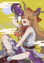 Rule 34 | 1girl, :d, arm up, bare shoulders, bow, chain, commentary, cuffs, drunk, fang, flat chest, gourd, highres, horn ornament, horns, ibuki suika, light brown hair, long hair, looking at viewer, lower teeth only, noriuma, oni horns, open mouth, signature, simple background, sitting, skin fang, skirt, smile, solo, symbol-only commentary, teeth, torn clothes, touhou, very long hair, yellow eyes