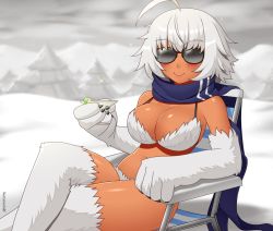 Rule 34 | 1girl, :&gt;, ahoge, animal hands, archived source, artist name, bare shoulders, beach chair, blue scarf, blush, breasts, claws, cloud, cloudy sky, cocktail, cocktail glass, crossed legs, cup, dark-skinned female, dark skin, day, drinking glass, facing viewer, fur, fur bikini, highres, holding, holding cup, holding drinking glass, kuroonehalf, large breasts, monster girl, monster girl encyclopedia, outdoors, scarf, short hair, sitting, sky, snow, solo, sparkle, sunglasses, third-party source, tree, white fur, white hair, winter, yeti (monster girl encyclopedia)