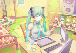 Rule 34 | 1girl, :x, absurdres, aqua eyes, aqua hair, cameo, character doll, checkered floor, computer, consent (oituku), cup, detached sleeves, drawing tablet, hatsune miku, headphones, highres, indoors, kagamine len, kagamine rin, kaito (vocaloid), keyboard (computer), long hair, megurine luka, meiko (vocaloid), monitor, necktie, pencil, polka dot, puppet, sitting, smile, solo, speaker, star (symbol), star print, stuffed toy, twintails, vocaloid