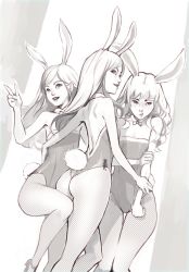 Rule 34 | 3girls, animal ears, arm up, ass, bad id, bad twitter id, bare back, bare shoulders, commentary, detached collar, elin, fake animal ears, fishnet pantyhose, fishnets, high heels, leg lift, leotard, long hair, looking back, monochrome, multiple girls, ochrejelly, pantyhose, playboy bunny, pout, rabbit ears, rabbit tail, shoes, sketch, smile, standing, standing on one leg, strapless, strapless leotard, tail, tera online, v