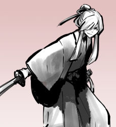 Rule 34 | 1boy, alternate costume, androgynous, hair bun, hair over one eye, hato moa, hatoful kareshi, japanese clothes, katana, kimono, leaning, leaning forward, long sleeves, looking at viewer, male focus, monochrome, nishikikouji tohri, outstretched arm, personification, purple background, simple background, single hair bun, smile, smug, solo, sword, unsheathed, weapon, wide sleeves