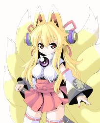 Rule 34 | 1girl, animal ears, blonde hair, breasts, brown eyes, closed mouth, commentary request, cowboy shot, detached sleeves, fox ears, fox girl, fox tail, hair between eyes, hakama, hakama short skirt, hakama skirt, hatching (texture), japanese clothes, kitsune, kyuubi, large breasts, long hair, long sleeves, looking at viewer, meta&#039;36, multiple tails, nontraditional miko, obi, red hakama, red nails, red ribbon, ribbon, ribbon-trimmed thighhighs, ribbon trim, sai (shinrabanshou), sash, shinrabanshou, skirt, smile, solo, tail, thick eyebrows, thighhighs, v-shaped eyebrows, white sleeves, white thighhighs