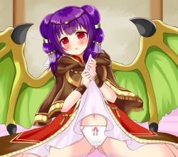 Rule 34 | 1girl, bead necklace, beads, bed, bedroom, belly, blush, bow, bow panties, bracelet, brown capelet, brown coat, cameltoe, capelet, circlet, clothes lift, coat, dragon girl, dragon wings, dress, female focus, fire emblem, fire emblem: the sacred stones, fire emblem heroes, fringe trim, full body, gold trim, green wings, hair ornament, hair tie, head tilt, high-low skirt, highres, hood, jewelry, kneeling, lace, lace-trimmed panties, lace trim, lifting own clothes, long hair, looking at viewer, miyako (mongcocoa), multi-tied hair, multicolored clothes, multicolored coat, myrrh (fire emblem), navel, necklace, nintendo, official alternate costume, on bed, pale skin, panties, parted lips, pov, purple hair, red coat, red eyes, short dress, sitting, skirt, skirt lift, solo, spread legs, textless version, thighs, twintails, underwear, veil, wariza, white dress, wings, wristband, yellow wings