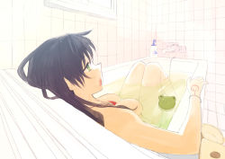 Rule 34 | 1girl, alternate eye color, bath, bathing, bathroom, bathtub, bottle, breasts, brown hair, fate (series), foreshortening, frog, green eyes, hand tattoo, indoors, jewelry, long hair, medium breasts, necklace, nishi tanuki, nude, open mouth, perspective, solo, tattoo, thighs, tile wall, tiles, tohsaka rin, water, window
