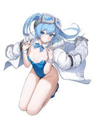 Rule 34 | 1girl, absurdres, arahashi tabi, bare legs, blue eyes, blue footwear, blue hair, blue leotard, blue necktie, bow, bowtie, breasts, covered navel, detached collar, emma 0215, goggles, goggles on head, high heels, highleg, highleg leotard, highres, jacket, jacket on shoulders, leotard, long hair, long sleeves, looking at viewer, necktie, playboy bunny, seiza, shoes, simple background, sitting, small breasts, solo, stellive, strapless, strapless leotard, traditional bowtie, twintails, virtual youtuber, white background, white jacket, wing collar, wrist cuffs