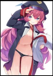 Rule 34 | 1girl, black hat, black jacket, blue archive, breasts, caburi, commentary request, hair between eyes, halo, hat, highres, holding, holding pillow, iroha (blue archive), jacket, long hair, long sleeves, looking at viewer, necktie, open clothes, open jacket, pillow, purple eyes, red hair, red necktie, salute, small breasts, solo, thighs