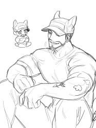 Rule 34 | 1boy, animal ears, animal hat, arm tattoo, bara, baseball cap, beard, beard stubble, borrowed character, cat cap guy (rinotuna), cat ears, cat hat, chibi, chibi inset, crossed arms, facial hair, feet out of frame, greyscale, hat, highres, knees up, large pectorals, laughing, liliiliillj, looking ahead, male focus, mature male, monochrome, muscular, muscular male, mustache, mustache stubble, original, pectorals, shirt, sitting, sketch, smile, stubble, t-shirt, tattoo, thick eyebrows, white background