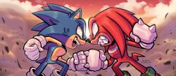 Rule 34 | 2boys, absurdres, artist name, clenched hands, cloud, face-to-face, from side, furry, furry male, gloves, green eyes, highres, knuckles the echidna, lemon eyebrows, multiple boys, open mouth, outdoors, red eyes, sharp teeth, sonic (series), sonic the hedgehog, sunset, tail, teeth, white gloves