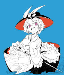 Rule 34 | 1girl, :d, blue background, bowl, bowl hat, breasts, bright pupils, ears visible through hair, frilled kimono, frilled sleeves, frills, hair between eyes, hat, hatching (texture), highres, impossible clothes, in bowl, in container, japanese clothes, kimono, limited palette, linear hatching, long sleeves, looking at viewer, massakasama, medium breasts, mini person, minigirl, open mouth, purple eyes, short hair, simple background, smile, solo, spot color, sukuna shinmyoumaru, teeth, touhou, upper teeth only, waves, white pupils, wide sleeves