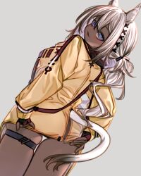 Rule 34 | 1girl, animal ears, arknights, blue eyes, blush, cowboy shot, dark-skinned female, dark skin, dutch angle, from behind, grey background, highres, horse ears, horse girl, horse tail, jacket, kochiya (gothope), long hair, long sleeves, looking at viewer, looking back, no pants, parted lips, simple background, skindentation, smile, solo, tail, thigh gap, thigh strap, tuye (arknights), white hair, yellow jacket