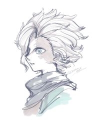 Rule 34 | 1boy, asymmetrical bangs, belafu (human), blue eyes, burn scar, commentary request, grey hair, grey scarf, kwon 0019, made in abyss, male focus, pale skin, parted lips, portrait, scar, scar on face, scarf, short hair, simple background, sketch, solo, twitter username, white background