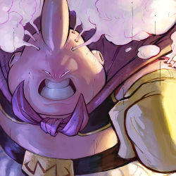 Rule 34 | 1boy, angry, belt, belt buckle, buckle, cape, clenched teeth, colored skin, dragon ball, dragonball z, fat, fat man, garrett hanna, gloves, looking at viewer, majin buu, male focus, open mouth, pink eyes, pink skin, purple cape, solo, steam, teeth, upper body, yellow gloves