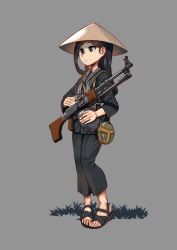 Rule 34 | 1girl, black footwear, black hair, black jacket, black pants, breasts, brown hat, commentary, commission, english commentary, erica (naze1940), grey background, gun, hat, highres, hip flask, jacket, light machine gun, long hair, looking away, machine gun, original, pants, rice hat, rpd, sandals, simple background, small breasts, solo, weapon