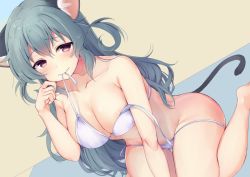 Rule 34 | 1girl, animal ears, areola slip, bad id, bad twitter id, bare arms, bare legs, bare shoulders, bikini, breasts, cat ears, cat tail, cleavage, collarbone, dutch angle, green hair, irone (miyamiya38), large breasts, looking at viewer, mouse ears, mouse tail, mouth hold, original, pink eyes, short twintails, side-tie bikini bottom, solo, swimsuit, tail, twintails, two side up, untied bikini, white bikini