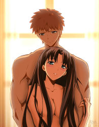 Rule 34 | 1boy, 1girl, backlighting, blue eyes, blurry, blurry background, blush, breasts, brown eyes, brown hair, cleavage, closed mouth, collarbone, couple, curtains, emiya shirou, fate/stay night, fate (series), hair between eyes, hair censor, hair intakes, hair over breasts, hetero, highres, hug, hug from behind, indoors, long hair, looking at viewer, manly, medium breasts, nude, parted lips, rna (angel-smelter), smile, spiked hair, tohsaka rin, upper body, very long hair