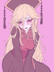 Rule 34 | 1girl, blonde hair, blush, breasts, chinese clothes, colored eyelashes, colorized, dress, female focus, flat color, hat, junko (touhou), long hair, long sleeves, looking at viewer, miata (miata8674), naughty face, obi, open mouth, pink background, purple background, red eyes, sash, simple background, sketch, solo, tabard, touhou, turtleneck, v arms, wide sleeves