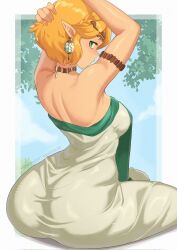 Rule 34 | 1girl, ass, ass focus, back, blonde hair, braid, breasts, crown braid, dress, from behind, green eyes, hair ornament, highres, huge ass, looking at viewer, looking back, mandytsune, medium breasts, nintendo, parted bangs, pointy ears, princess zelda, short hair, shoulder blades, skin tight, solo, the legend of zelda, the legend of zelda: tears of the kingdom, thighs, white dress