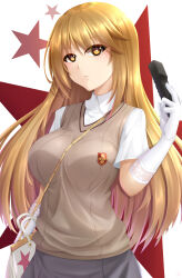 Rule 34 | 1girl, absurdres, bag, blonde hair, breasts, brown sweater vest, closed mouth, collared shirt, commentary request, controller, elbow gloves, gloves, grey skirt, handbag, highres, holding, holding remote control, large breasts, long hair, looking at viewer, remote control, school emblem, school uniform, seiya (iiseven), shirt, shokuhou misaki, short sleeves, skirt, solo, sparkling eyes, star (symbol), star print, summer uniform, sweater vest, toaru kagaku no mental out, toaru kagaku no railgun, toaru majutsu no index, tokiwadai school uniform, white background, white gloves, white shirt, yellow eyes