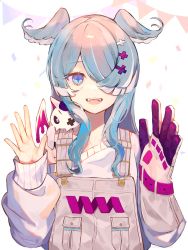 Rule 34 | 1girl, anatom orange, bad id, bad pixiv id, blue eyes, blue hair, commentary, confetti, dragon, dragon girl, elira pendora, elira pendora (1st costume), fangs, gloves, grey gloves, grey overalls, grey sweater, hair ornament, hair over one eye, hands up, head wings, highres, long hair, long sleeves, looking at viewer, mole, multicolored hair, nijisanji, nijisanji en, one eye covered, open mouth, overalls, pikl (elira pendora), simple background, single glove, sleeves past wrists, slit pupils, smile, solo, string of flags, sweater, symbol-only commentary, two-tone hair, upper body, virtual youtuber, white background, white hair, wings, x hair ornament