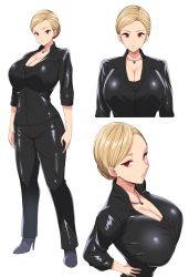 Rule 34 | 1girl, black footwear, black jacket, black pants, blonde hair, breasts, cleavage, collarbone, commission, full body, highres, huge breasts, jacket, jewelry, kloah, looking at viewer, multiple views, necklace, open clothes, open jacket, pants, red eyes, short hair, simple background, skeb commission, standing, t-x, terminator 3: rise of the machines, white background