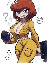 Rule 34 | 1girl, ?, absurdres, animal, april o&#039;neil, belt, blue eyes, blush, breasts, brown hair, camera, cleavage, collarbone, highres, holding, jumpsuit, large breasts, long sleeves, looking at viewer, microphone, open clothes, open jumpsuit, open mouth, short hair, smile, sparkle, standing, teenage mutant ninja turtles, teeth, tony welt, turtle, video camera, white background, white belt, yellow jumpsuit