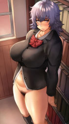 Rule 34 | 1girl, arms at sides, black jacket, black socks, blazer, blue hair, book, bookshelf, bottomless, bow, bowtie, breasts, brown eyes, closed mouth, commentary request, feet out of frame, female pubic hair, hair between eyes, indoors, jacket, kneehighs, large breasts, long sleeves, looking at viewer, looking to the side, medium hair, messy hair, navel, original, pepe (jonasan), plump, pubic hair, red bow, red bowtie, socks, solo, standing, window