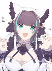 Rule 34 | 1girl, :d, animal ears, apron, aqua eyes, aqua hair, aqua nails, azur lane, breasts, cheshire (azur lane), cleavage, detached sleeves, fake animal ears, fang, frilled hairband, frilled headband, frills, hairband, ieufg, large breasts, looking at viewer, maid, maid headdress, multicolored hair, nail polish, open mouth, puffy detached sleeves, puffy sleeves, purple apron, purple hair, simple background, smile, solo, streaked hair, white background, wrist cuffs