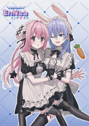 Rule 34 | 2girls, :o, ;d, alternate costume, animal ears, apron, black bow, black dress, black ribbon, black thighhighs, blue background, blue eyes, blue hair, blush, bow, braid, carrot, center frills, chihuri, commentary request, dress, earrings, ende (chihuri), enmaided, fake animal ears, frilled apron, frilled dress, frilled thighhighs, frills, gradient background, hair between eyes, hair bow, highres, jewelry, long hair, maid, multiple girls, nea (chihuri), neck ribbon, one eye closed, open mouth, original, outline, parted lips, pink hair, puffy short sleeves, puffy sleeves, purple eyes, rabbit ears, ribbon, short sleeves, smile, stud earrings, thighhighs, very long hair, white apron, white background, white outline
