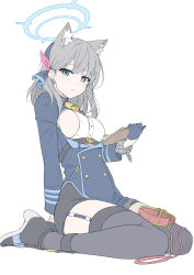 Rule 34 | 1girl, absurdres, ako (blue archive), ako (blue archive) (cosplay), animal ear fluff, animal ears, bell, blue archive, blue eyes, blue gloves, blush, breasts, clipboard, collar, cosplay, cuffs, earrings, full body, garter straps, gloves, grey hair, halo, hand on floor, highres, holding, holding clipboard, jewelry, leash, light blush, looking at viewer, masabodo, medium breasts, neck bell, red collar, revision, shackles, shiroko (blue archive), sideboob, sitting, solo, stud earrings, thighhighs, thighs, wariza, white background, wolf ears