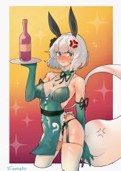 Rule 34 | 1girl, \||/, alternate costume, anger vein, angry, animal ears, arm at side, arm up, artist name, bare shoulders, black hairband, blush, bob cut, bottle, breasts, choker, collarbone, commentary, covered navel, cropped legs, elbow gloves, embarrassed, english commentary, fake animal ears, frilled choker, frills, garter straps, gloves, gradient background, green choker, green eyes, hairband, highres, hitodama print, holding, holding tray, konpaku youmu, konpaku youmu (ghost), looking at viewer, medium breasts, outside border, rabbit ears, short hair, silver hair, solo, sparkle, standing, tomatolover16, touhou, tray, white legwear, wine bottle
