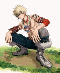 Rule 34 | abs, angry, arm tattoo, bakugou katsuki, bead necklace, beads, belt, belt buckle, blonde hair, blue pants, boku no hero academia, boots, brown belt, buckle, earrings, fur boots, grey footwear, highres, jewelry, mkm (mkm storage), multiple necklaces, necklace, outdoors, pants, red eyes, spiked hair, squatting, tattoo, toned, toned male, topless male, white background