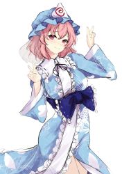 Rule 34 | 1girl, blue hat, blue kimono, closed mouth, cowboy shot, double v, hat, highres, japanese clothes, kimono, long sleeves, looking at viewer, mob cap, orchid (orukido), pink eyes, pink hair, saigyouji yuyuko, short hair, simple background, smile, solo, standing, touhou, triangular headpiece, v, white background, wide sleeves