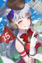 Rule 34 | 12 billion yen incident, 1girl, animal ears, bare shoulders, blurry, blurry background, blush, bow, brown hat, commentary request, dated, dress, ear bow, flag, gloves, gold ship (umamusume), grey hair, grin, hat, highres, horse ears, horse girl, horse tail, komeko97, long hair, looking at viewer, notice lines, open mouth, pillbox hat, purple bow, purple eyes, red bow, red dress, smile, solo, tail, umamusume, upper body, white gloves