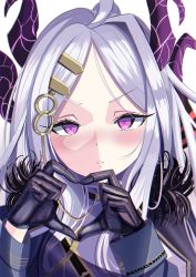 Rule 34 | 1girl, absurdres, ahoge, benz, black gloves, blue archive, blush, coat, demon horns, gloves, hair ornament, heart, heart hands, highres, hina (blue archive), horns, long hair, long sleeves, looking at viewer, military, military uniform, multiple horns, parted bangs, parted lips, purple coat, purple eyes, smile, solo, uniform, upper body, white hair