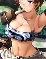 Rule 34 | 1girl, armpits, bad id, bad pixiv id, blue eyes, breasts, brown hair, cleavage, crop top, decchi oyabun, female focus, japanese clothes, katana, large breasts, looking to the side, midriff, navel, original, out of frame, short hair, solo, sword, toned, wavy mouth, weapon
